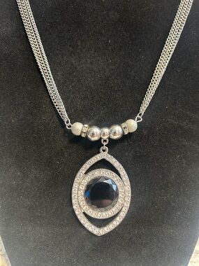 Silver-tone Necklace with Black Crystal and Clear Accent Halo